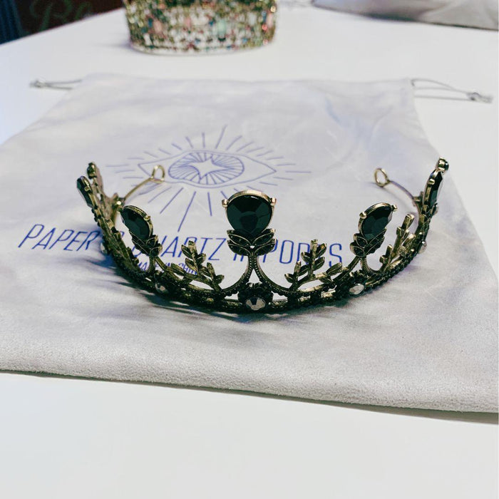 The Bullish Store - Midnight Blossom Tiara Crown In Gold With Black Gems | Royalty Crown Party Or Bridal Hair Accessory