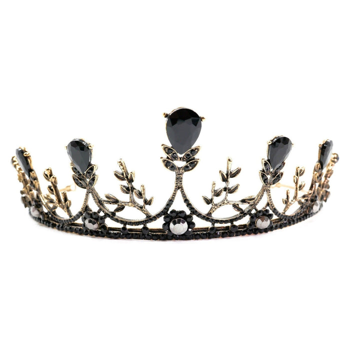 The Bullish Store - Midnight Blossom Tiara Crown In Gold With Black Gems | Royalty Crown Party Or Bridal Hair Accessory