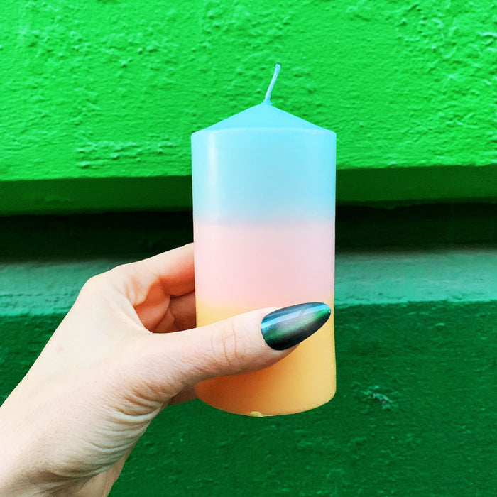 Mini Pillar Candle in Blue Pink Orange | Tri-Colored Ombre Aesthetic Table Candle 4.75"