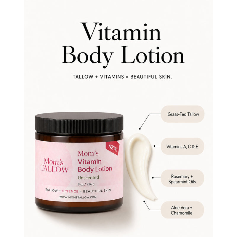 Mom’s Tallow Vitamin-Infused Tallow Body Lotion White Smoke UNSCENTED (Large 8 oz),Classic- Rosemary & Spearmint (Large 8 oz)