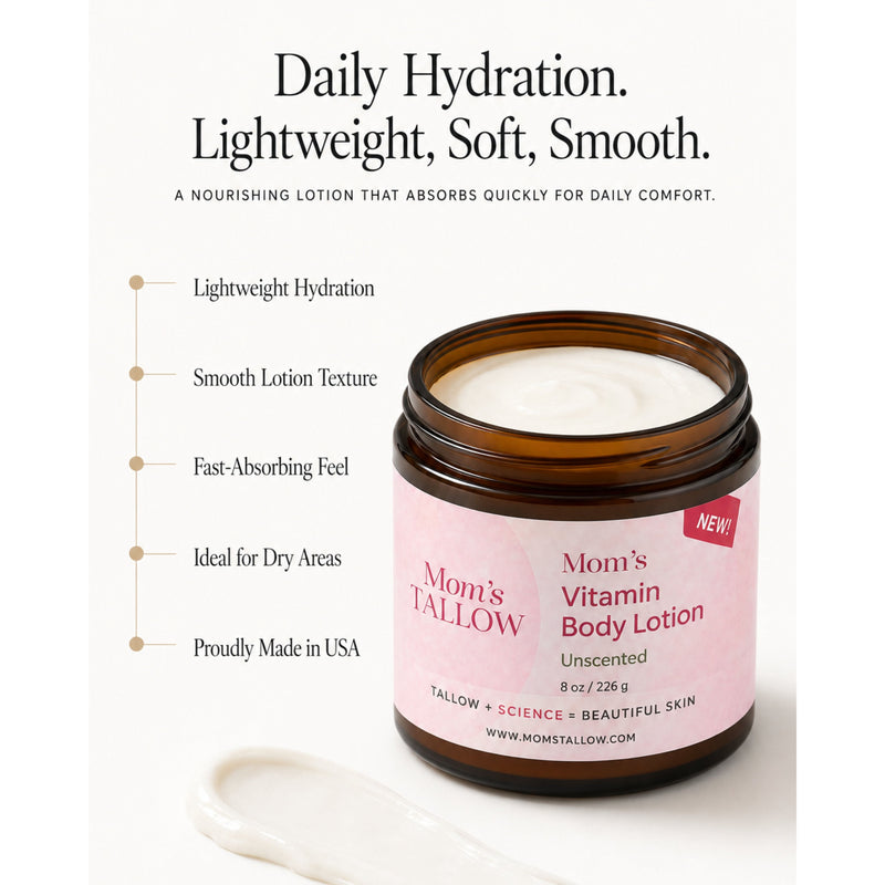 Mom’s Tallow Vitamin-Infused Tallow Body Lotion White Smoke UNSCENTED (Large 8 oz),Classic- Rosemary & Spearmint (Large 8 oz)