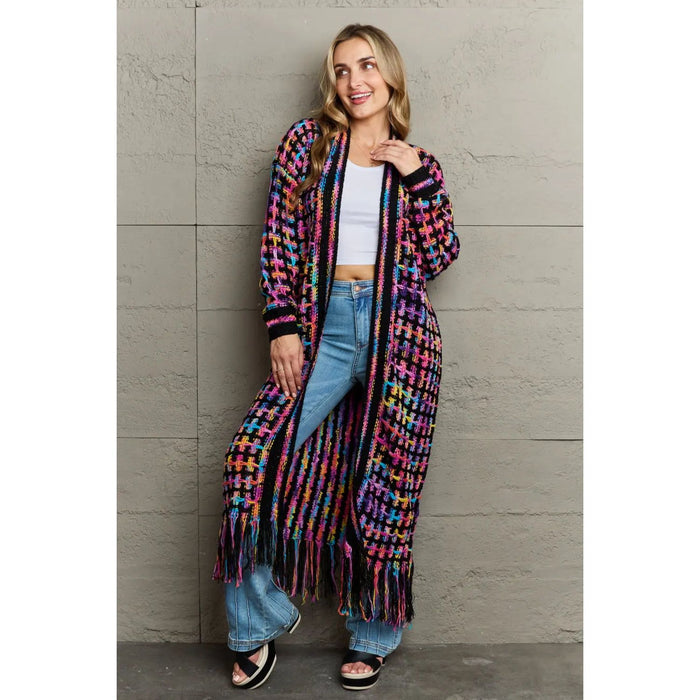 Multicolored Open Front Fringe Hem Cardigan