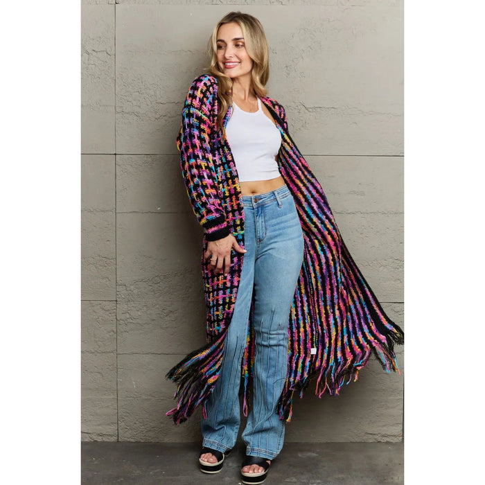 Multicolored Open Front Fringe Hem Cardigan