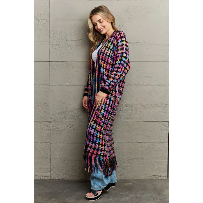 Multicolored Open Front Fringe Hem Cardigan