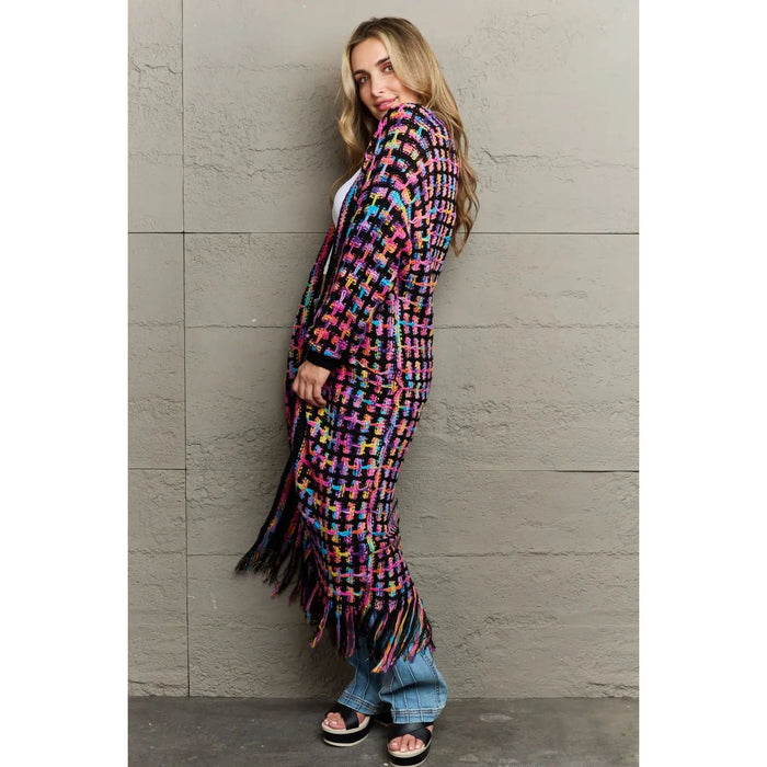 Multicolored Open Front Fringe Hem Cardigan