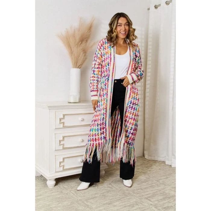 Multicolored Open Front Fringe Hem Cardigan