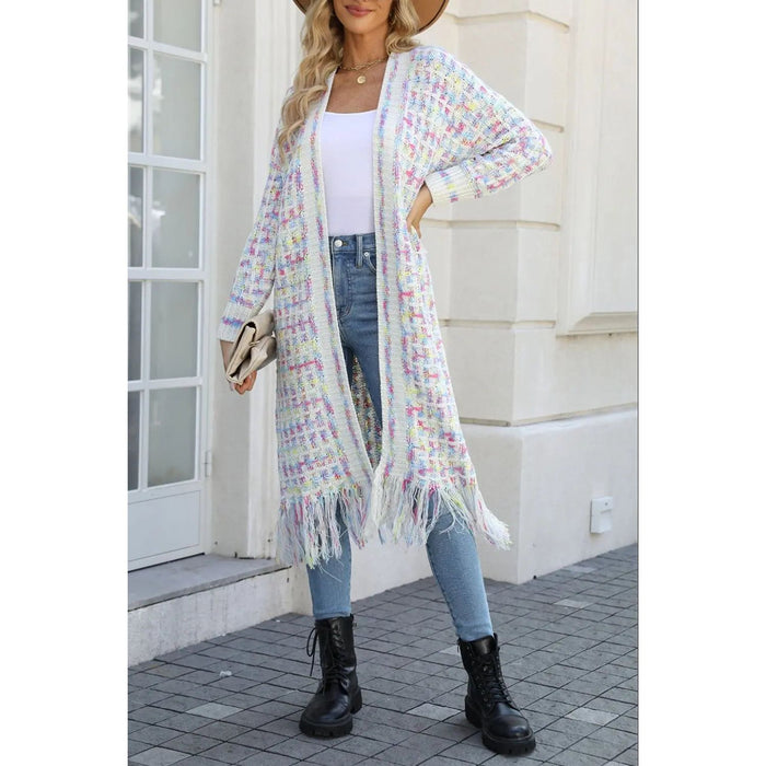 Multicolored Open Front Fringe Hem Cardigan