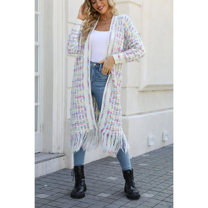 Multicolored Open Front Fringe Hem Cardigan