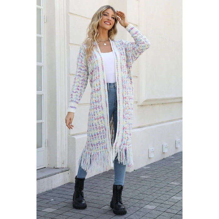 Multicolored Open Front Fringe Hem Cardigan