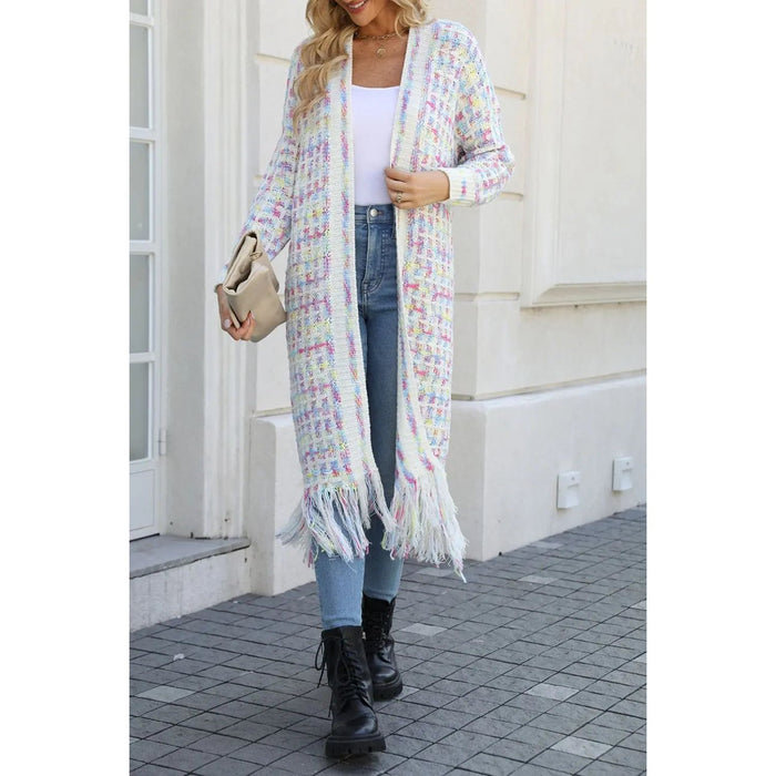 Multicolored Open Front Fringe Hem Cardigan