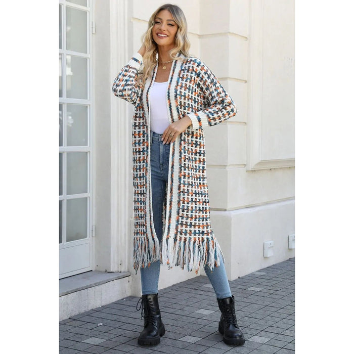 Multicolored Open Front Fringe Hem Cardigan