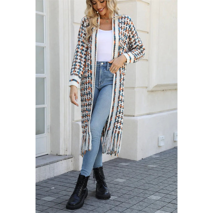 Multicolored Open Front Fringe Hem Cardigan