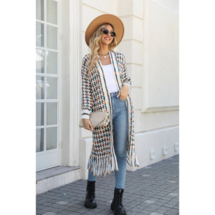 Multicolored Open Front Fringe Hem Cardigan