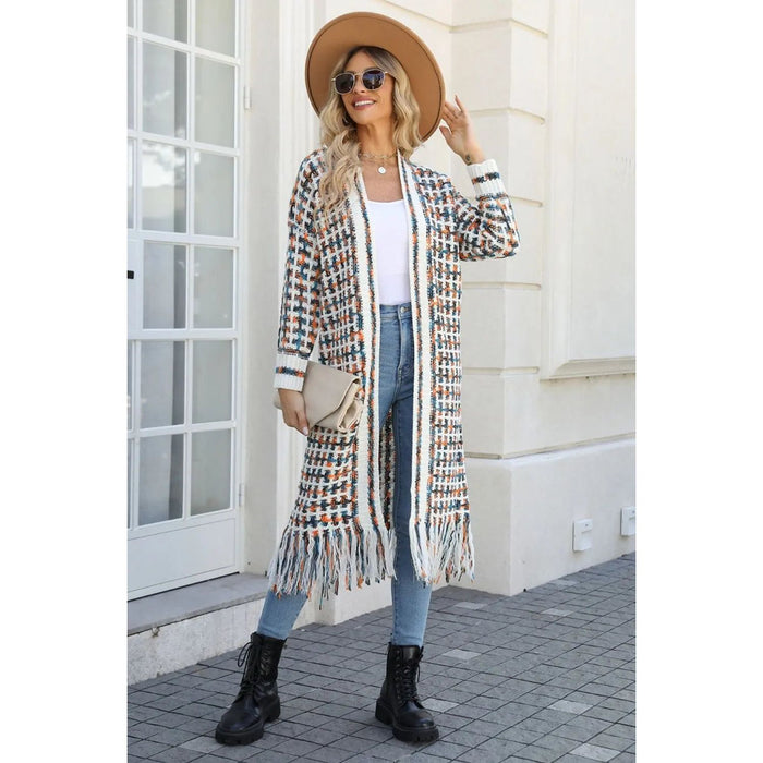 Multicolored Open Front Fringe Hem Cardigan