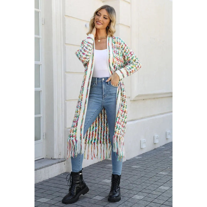 Multicolored Open Front Fringe Hem Cardigan