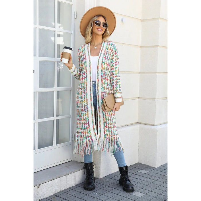 Multicolored Open Front Fringe Hem Cardigan