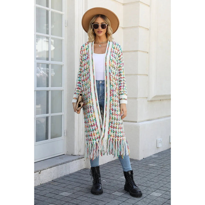 Multicolored Open Front Fringe Hem Cardigan