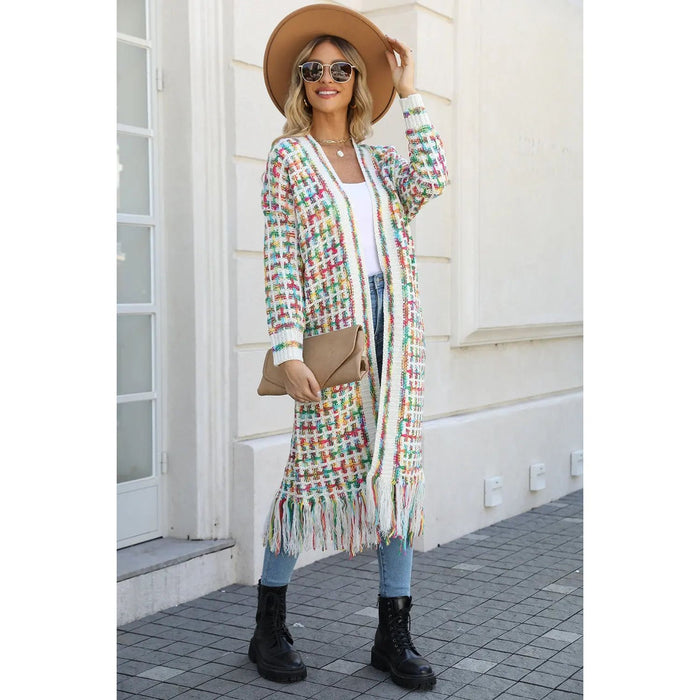 Multicolored Open Front Fringe Hem Cardigan