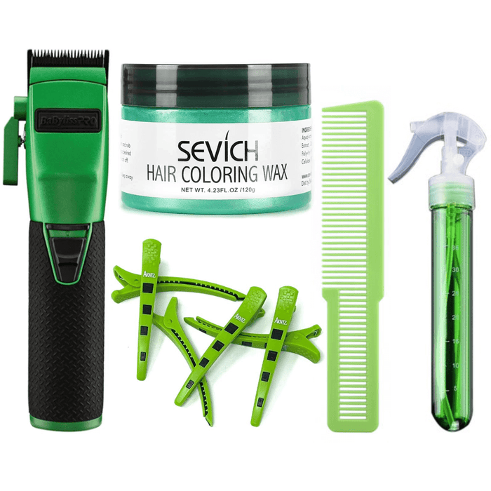 Babylisspro Influencer Collection Green Metal Clipper, Flat Top Clipper Comb, Thin Water Spray, Anktz Premium Hair Clips, Hair Color Wax Combo Set