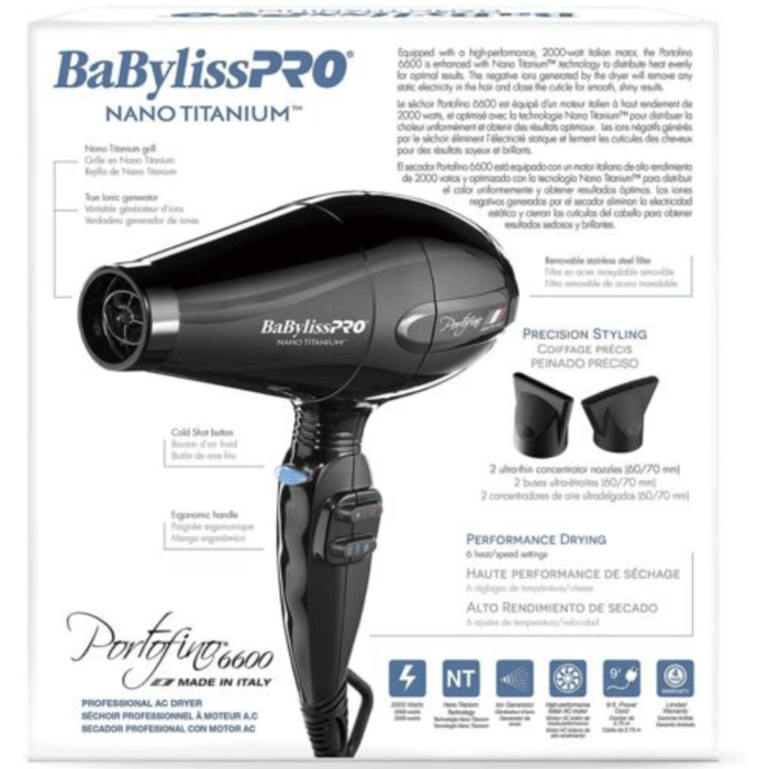 Babylisspro Nano Titanium Portofino 6600 Full-Size Hair Dryer, Black #Bnt6610N