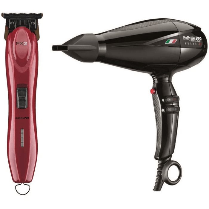 Babylisspro Nano Titanium Volare V1 Full-Size Dryer Ferrari-Designed Engine + Babyliss Pro Fx3 Red T-Blade High-Torque Cordless Zero-Gap Hair Trimmer Fxx3T Combo Set