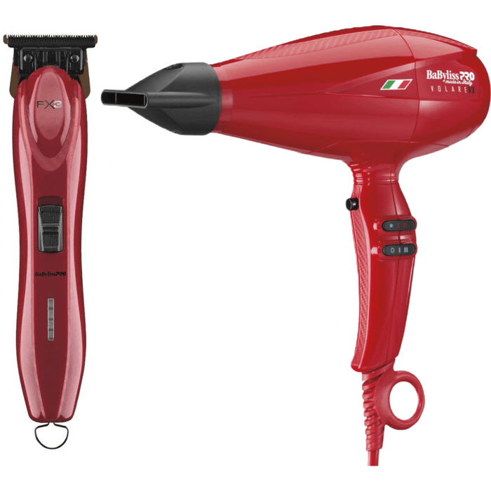 Babylisspro Nano Titanium Volare V1 Full-Size Dryer Ferrari-Designed Engine Red + Babyliss Pro Fx3 Red T-Blade High-Torque Cordless Zero-Gap Hair Trimmer Fxx3T Combo Set