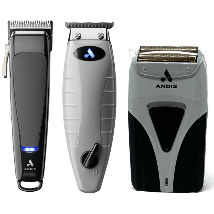 Andis Revite Cordless Fade Hair Cutting Clipper #86000 & Cordless T-Outliner Li Trimmer #74055 & Cordless Titanium Profoil Shaver Plus Ts-2 #17255 Combo Set