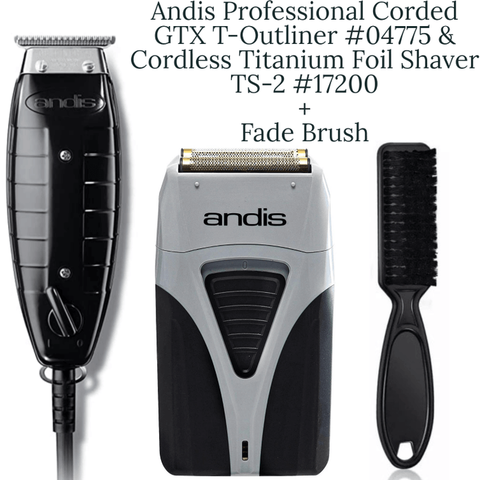 Andis Professional Corded Gtx T-Outliner Trimmer #04775 & Cordless Titanium Foil Shaver Ts-2 #17200 + Fade Brush Combo Set