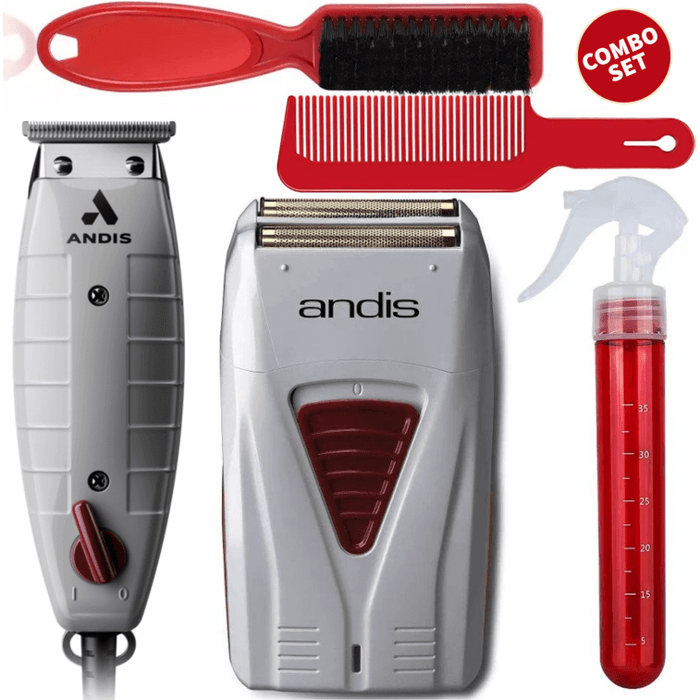 Andis Professional Corded T-Outliner® T-Blade Trimmer #04710 & Cordless Titanium Foil Shaver #17235, Flat Top Comb, Thin Water Spray, Fade Brush, Combo Set