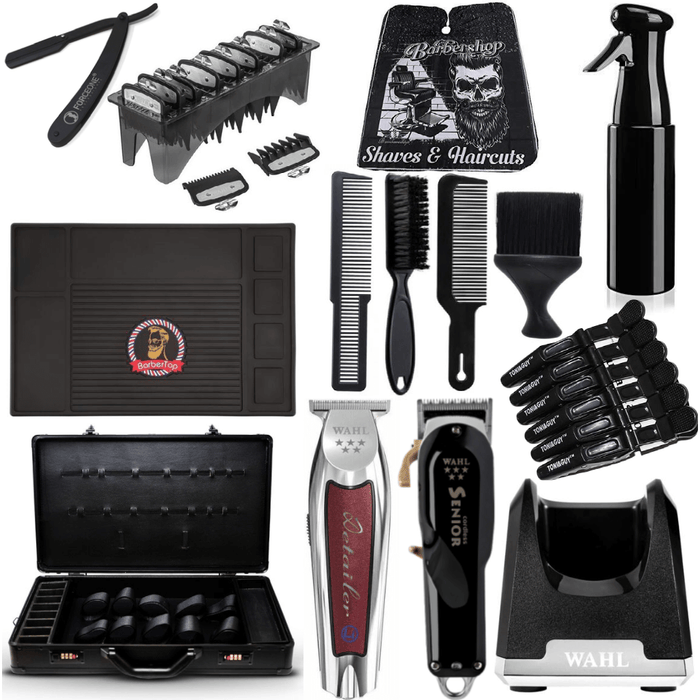 Professional Black Combo Set, Wahl Senior & Detailer Li, Wahl Clipper Guides, Wahl Charge Stand, Hair Spray, Barber Matte, Flat Top Comb 2X, Fade Brush, Straight Razor, Neck Duster, Barber Suitcase, Hair Clips