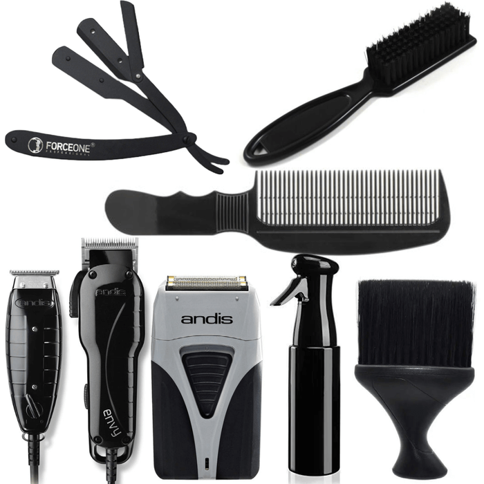 Andis Stylist Combo Clipper & Trimmer Black #66280 & Cordless Titanium Foil Shaver Ts-2 #17200, Black Fade Brush, Neck Duster, Forceone Razer, Flat Top Comb, Bottle Spray, Combo Set