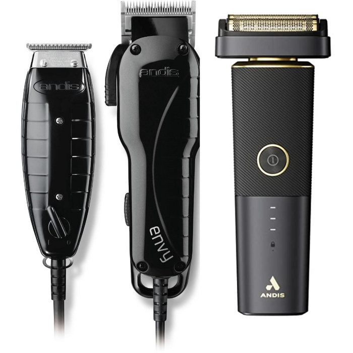 Andis Stylist Combo Clipper & Trimmer Black #66280 & Professional Resurge Shaver #17300, Black Fade Brush, Neck Duster, Forceone Razer, Flat Top Comb, Bottle Spray, Combo Set
