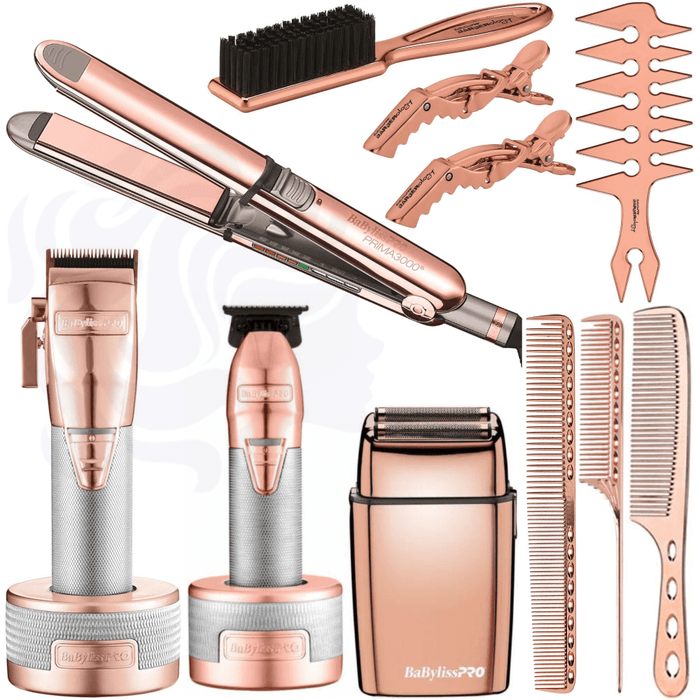 Babylisspro Rose Gold Luxury Set, Rosefx Cord/Cordless #Fx870Rg Clipper & #Fx787Rg Skeleton Trimmer & Clipper Or Trimmer Charging Stand Base & Double Foil Shaver #Fxfs2Rg & Prima 1¼" 3000 & Barberology Trio Mix & Combs Combo Set