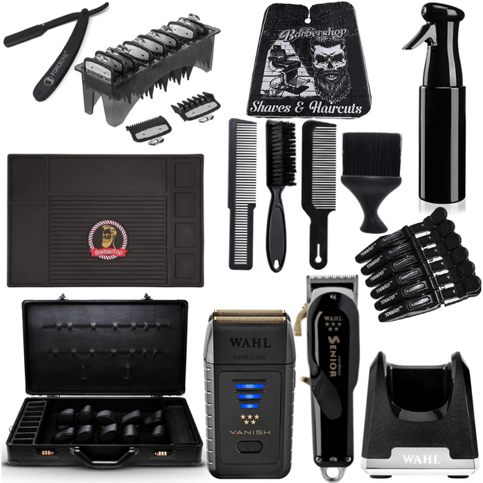 Professional Black Combo Set, Wahl Senior & Vanish Shaver, Wahl Clipper Guides, Wahl Charge Stand, Hair Spray, Barber Matte, Flat Top Comb 2X, Fade Brush, Straight Razor, Neck Duster, Barber Suitcase, Hair Clips