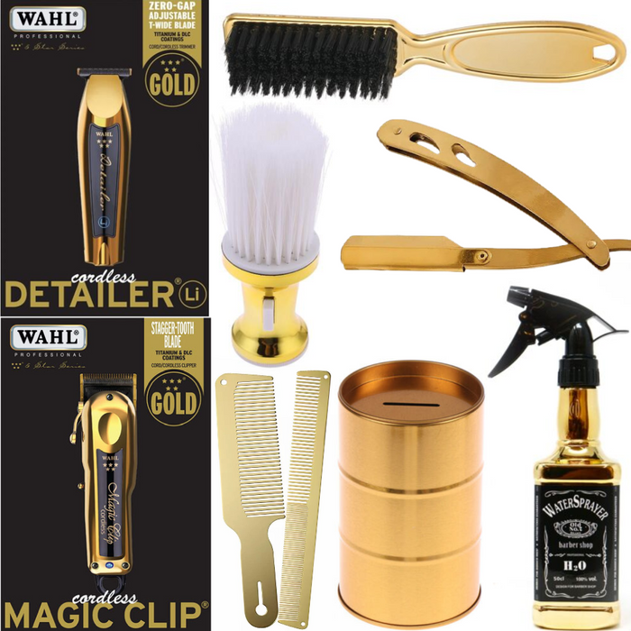 Wahl Professional 5 Star Series Cordless Magic Clip Gold & Cordless Detailer Li Gold + Free Gifts Combo Set