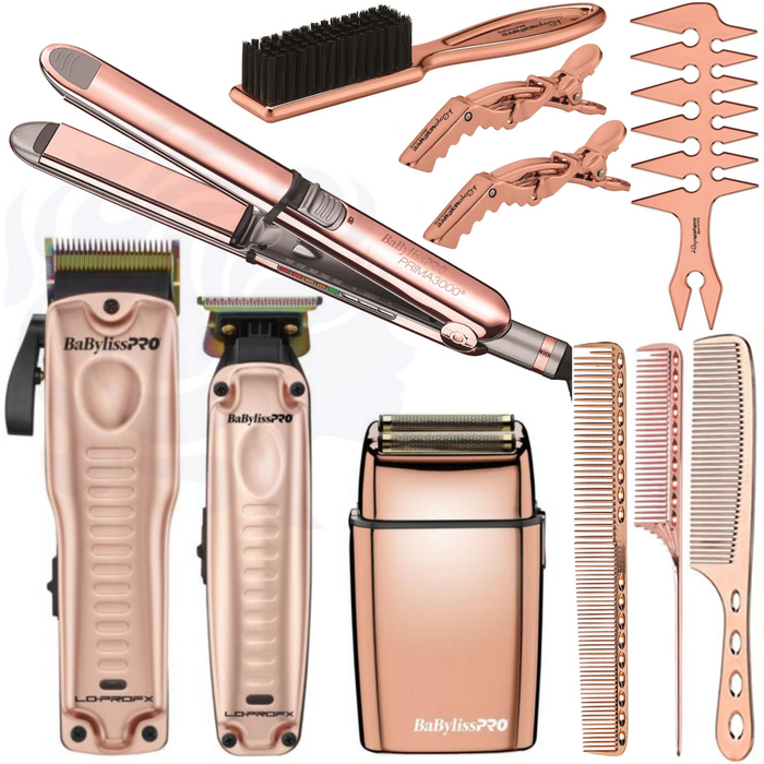 Babylisspro Rose Gold Luxury Set, Lo-Profx Clipper & Trimmer #Fxholpklp-Rg & Double Foil Shaver #Fxfs2Rg & Prima 1¼" 3000 & Barberology Trio Mix & Combs Combo Set