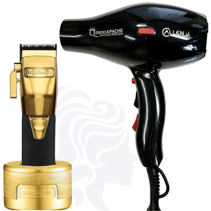 Babylisspro Goldfx Boost+ Metal Lithium Cordless Clipper #Fx870Gbp & Charging Base Dock & Allen J. 2600 Apache Nano Tech Premium Hair Blow Dryer Lightweight Salon 2100W Combo Set