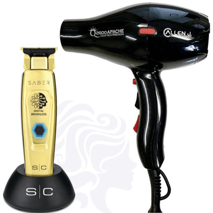 Stylecraft Saber Trimmer Gold #Sc405G & Allen J. 2600 Apache Nano Tech Premium Hair Blow Dryer Lightweight Salon 2100W Combo Set