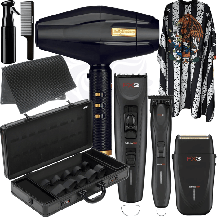 Babylisspro Fx3 Professional Black Collection Cord/Cordless Clipper Fxx3Cb & Trimmer Fxx3Tb & Shaver Fxx3Sb & Blackfx Dryer & Flat Top Comb & Barber Mat & Travel Case & Barber Cape & Water Spray Bundle Kit