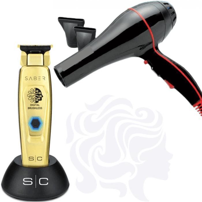 Stylecraft Saber Trimmer Gold #Sc405G & Allen J. 2600 Apache Nano Tech Hair Blow Dryer Lightweight Salon 2100W Combo Set