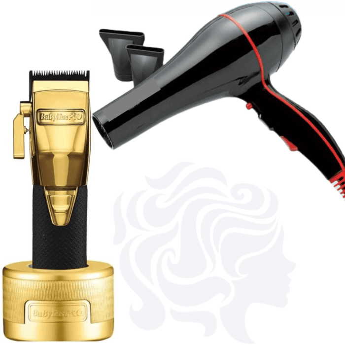 Babylisspro Goldfx Boost+ Metal Lithium Cordless Clipper #Fx870Gbp & Charging Base Dock & Allen J. 2600 Apache Nano Tech Hair Blow Dryer Lightweight Salon 2100W Combo Set