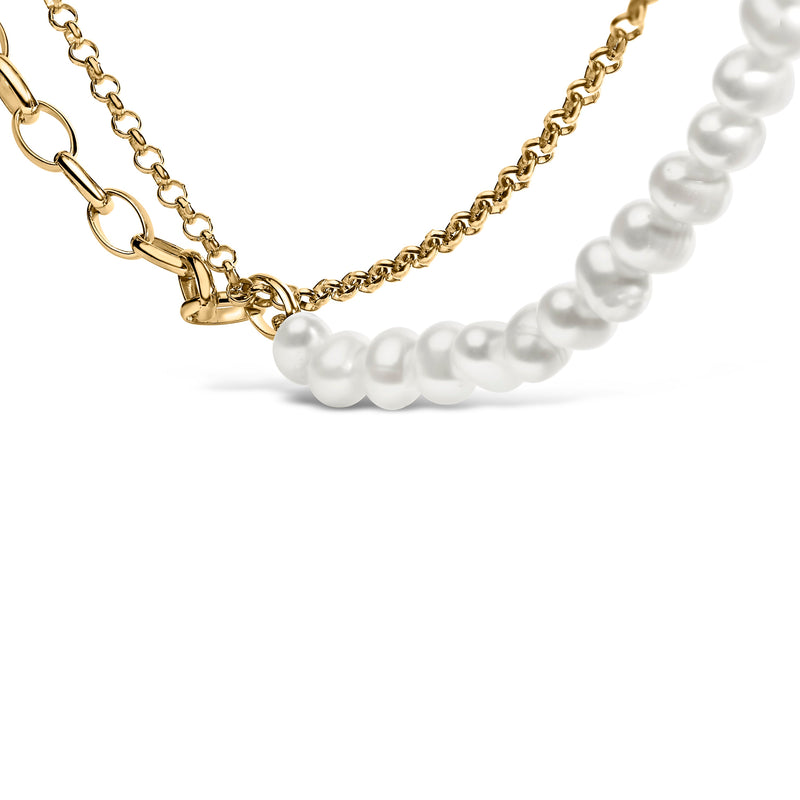 Bids.com 18K Yellow Gold Vermeil Cultured Pearl Strand Necklace with Rolo and Paperclip Chain Necklaces