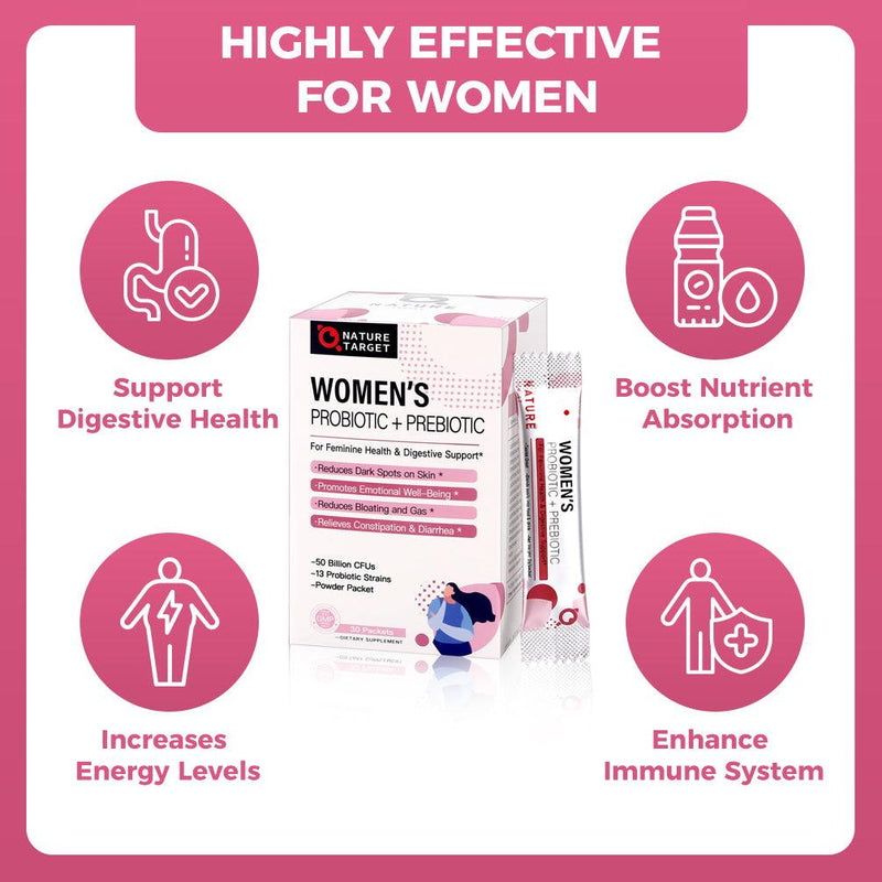 Nature Target Women’s Probiotic & Prebiotic Powder, 50 Billion CFUs, 30 Packs Probiotic