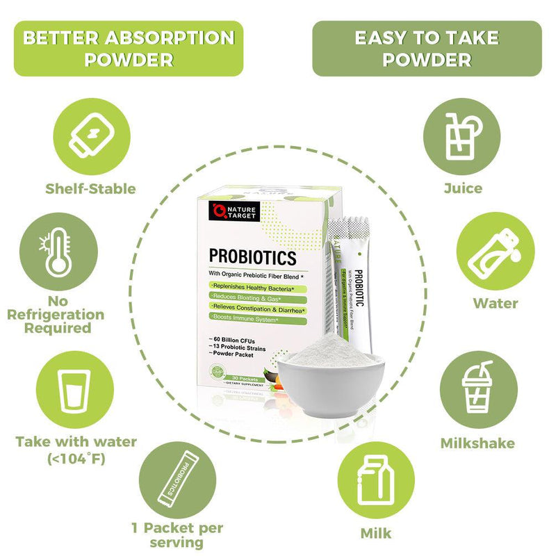 Nature Target Probiotics Powder for All Ages, 60 Billion CFUs, 30 Packets Probiotic