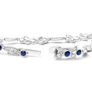 Bids.com 18K White Gold 1 3/4 Cttw Diamond and 3x3mm Round Blue Sapphire Gemstone Floral Link Bracelet (G-H Color, SI1-SI2 Clarity) - Size 7" Bracelets