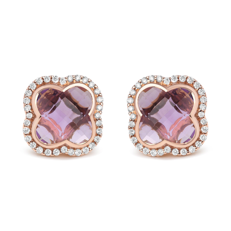 Bids.com 18K Rose Gold 3/8 Cttw Diamond and 11x11mm Clover-Cut Purple Amethyst Gemstone Clover Halo Stud Earrings (G-H Color, SI1-SI2 Clarity) Earrings