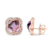 Bids.com 18K Rose Gold 3/8 Cttw Diamond and 11x11mm Clover-Cut Purple Amethyst Gemstone Clover Halo Stud Earrings (G-H Color, SI1-SI2 Clarity) Earrings