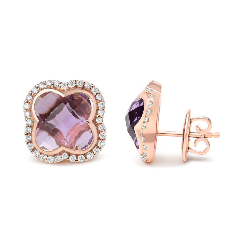 Bids.com 18K Rose Gold 3/8 Cttw Diamond and 11x11mm Clover-Cut Purple Amethyst Gemstone Clover Halo Stud Earrings (G-H Color, SI1-SI2 Clarity) Earrings