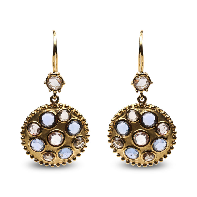 Bids.com 18K Yellow Gold 1 2/3 Cttw Diamond and Blue Sapphire Bezel Set Gemstone Cluster Medallion Dangle Earrings (Brown and G-H Color, SI1-SI2 Clarity) Earrings