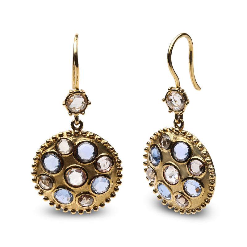 Bids.com 18K Yellow Gold 1 2/3 Cttw Diamond and Blue Sapphire Bezel Set Gemstone Cluster Medallion Dangle Earrings (Brown and G-H Color, SI1-SI2 Clarity) Earrings